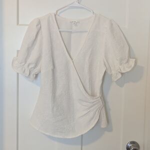 Chic Cream Wrap Blouse with Puff Sleeves